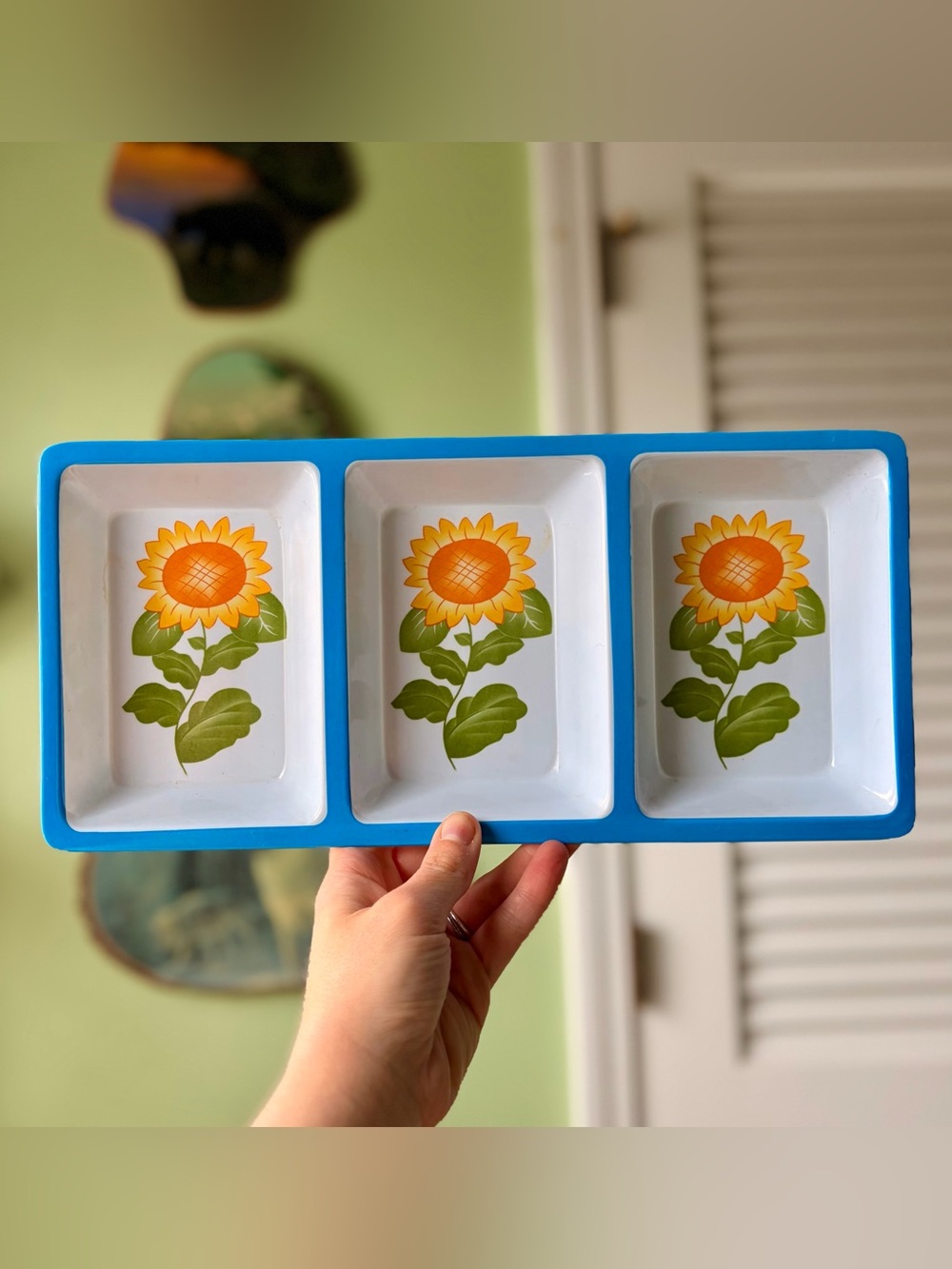 Blue Sunflower Divided Serving Tray - White & Green Floral Design